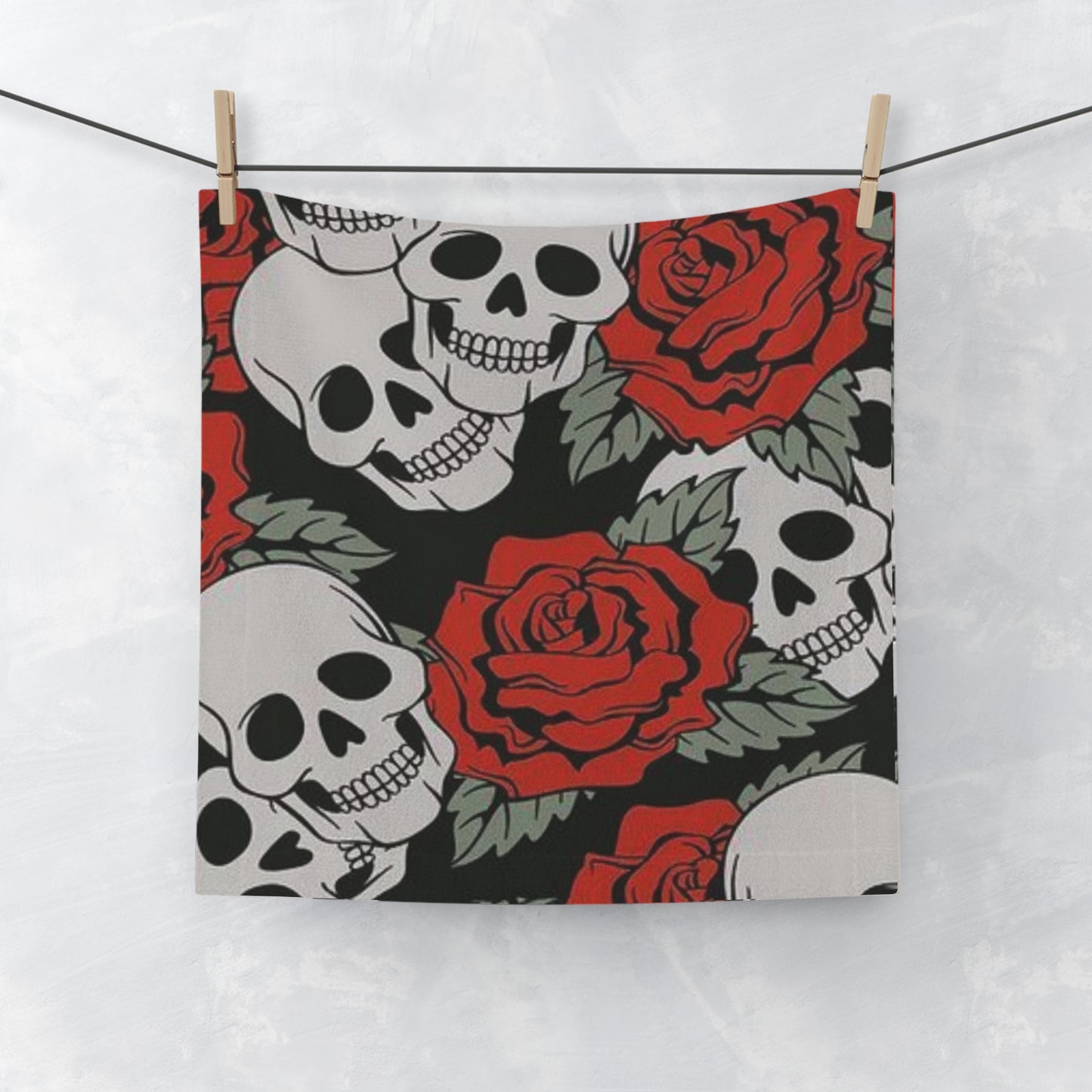 red flowers and white skulls float